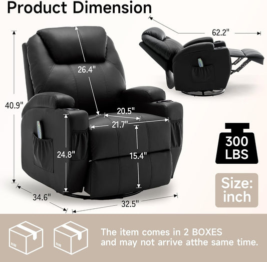 Recliner Chair, Rocking Chair with Massage and Heat, 360° Swivel Recliner Chairs for Adults, Rocker Manual Recliner with Remote Control and Cup Holder for Living Room, Bedroom, Nursery