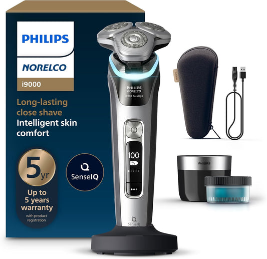 Shaver I9000 Prestige, Wet & Dry Electric Shaver, Dark Slate Nova, Senseiq Technology, Triple Lift & Cut System, 360 Rotating Dual Steelprecision Blades, Charging Stand, XP9204/85