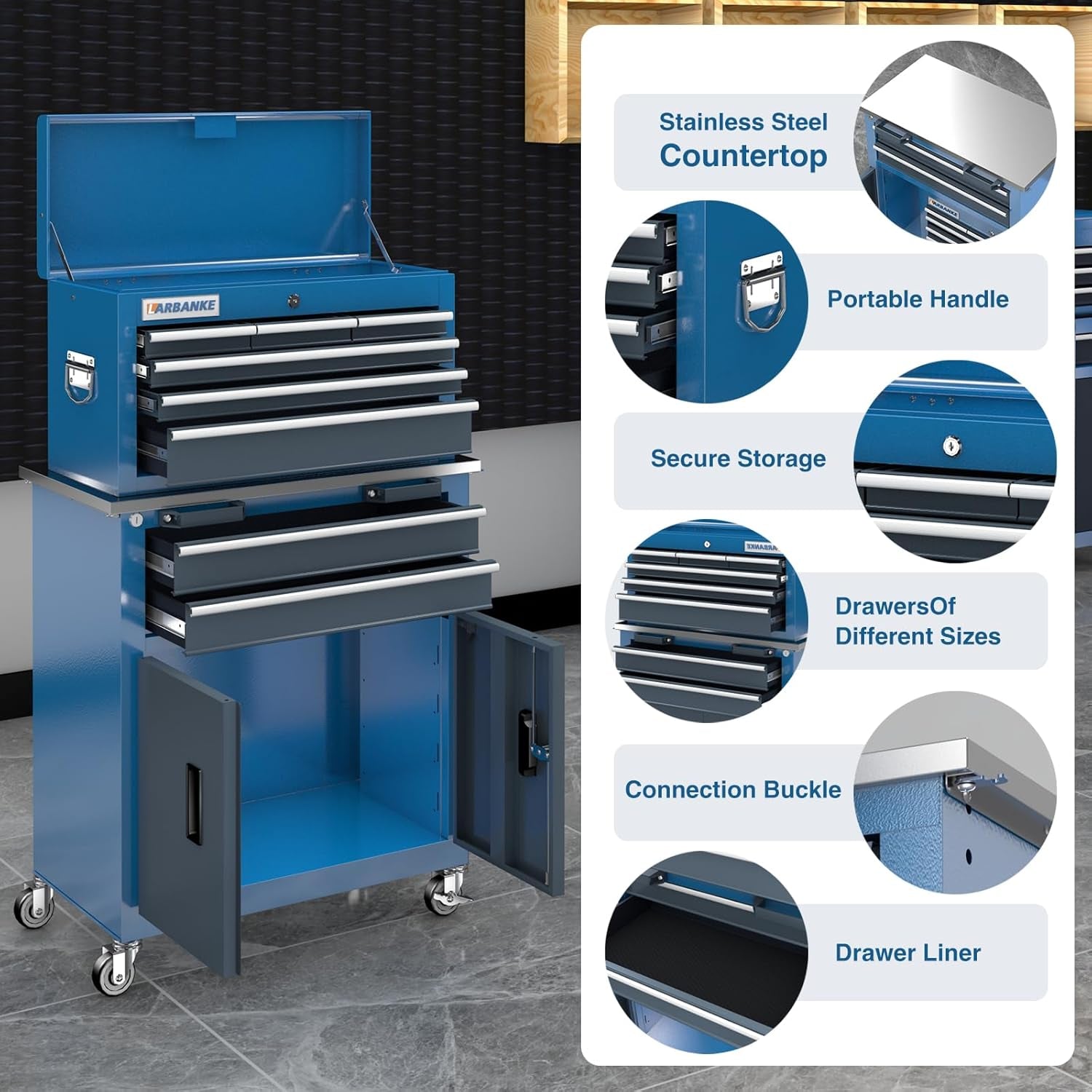 Combination Tool Chest,3 Different Types Tool Cabinets with Stainless Countertop,5-Drawer/7-Drawer/8-Drawer Rolling Tool Chest with Connected Buckle,Tool Cabinet with Wheels and Foot Pad