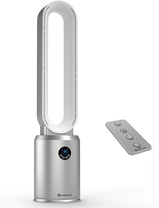 40-Inch Bladeless Tower Fan for Bedroom, 3-Speed Stand Fan with Remote Control, 9-Hour Timer, Wide Oscillation & Digital Push-Button Display – Quiet Home Floor Fan, Silver