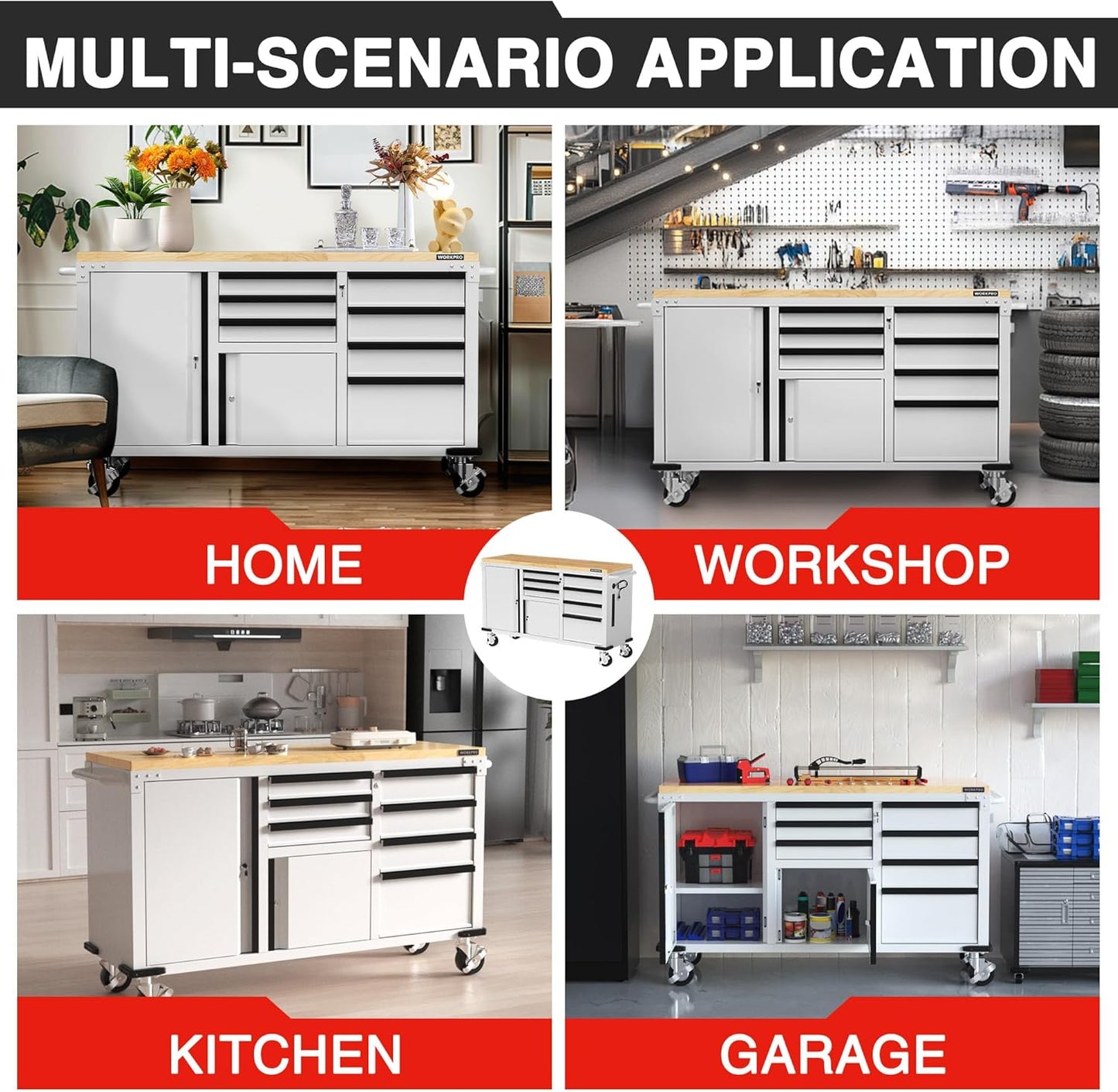 62" X 20" 7-Drawer & 2-Door Rolling Tool Chest, Mobile Tool Storage Cabinet with Power Strip, Locking System, Heavy Duty Rolling Cabinet for Garage, Warehouse & Kitchen, 1000 Lbs Capacity