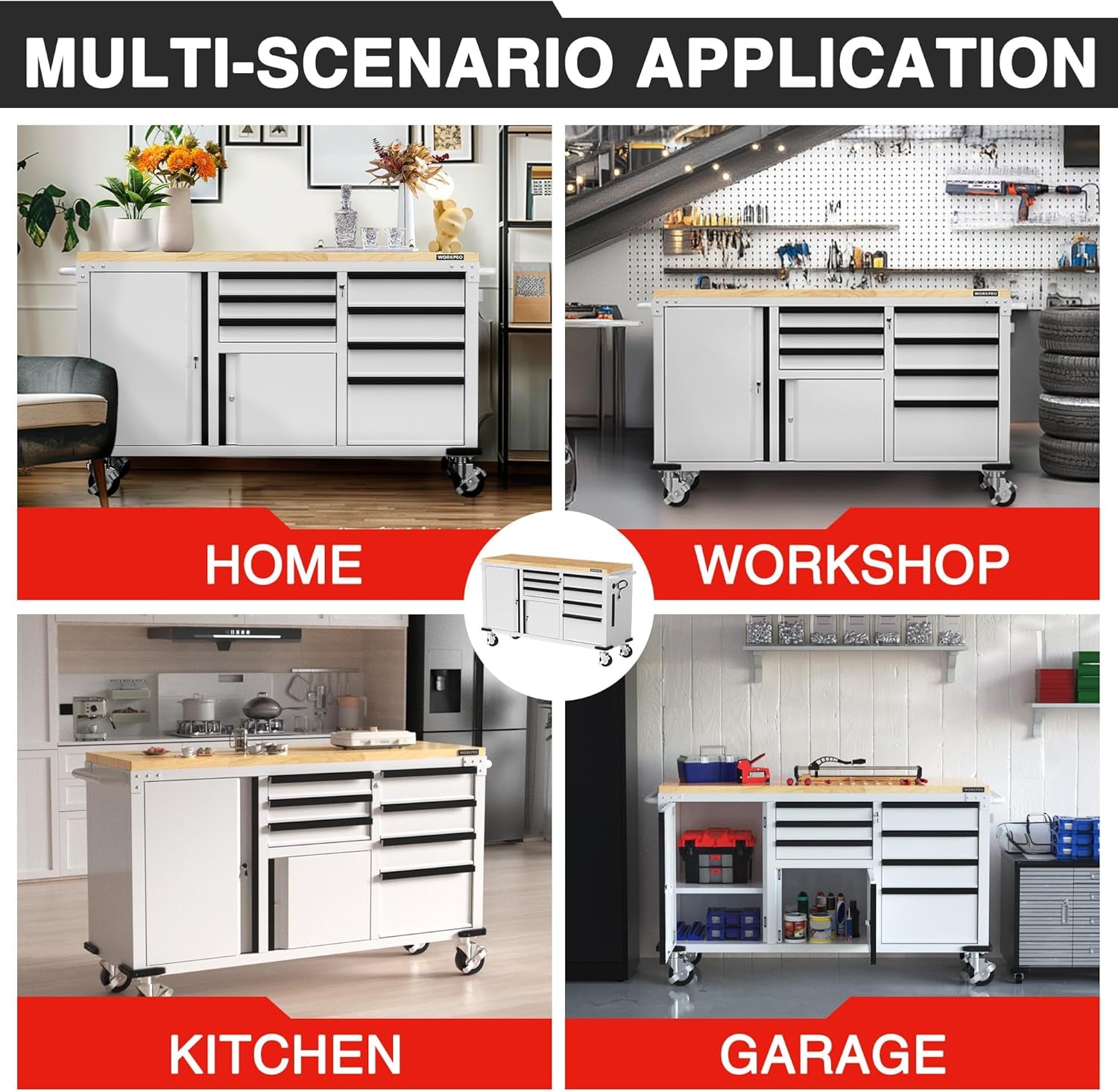 62" X 20" 7-Drawer & 2-Door Rolling Tool Chest, Mobile Tool Storage Cabinet with Power Strip, Locking System, Heavy Duty Rolling Cabinet for Garage, Warehouse & Kitchen, 1000 Lbs Capacity