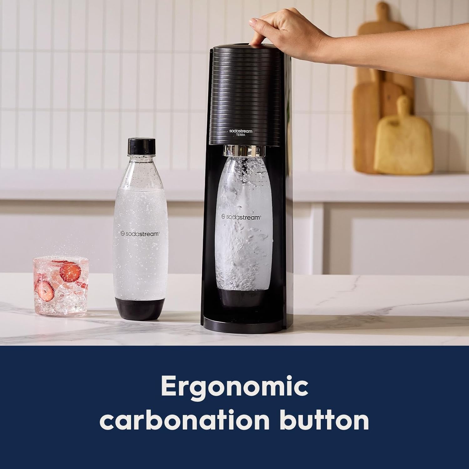 Terra Sparkling Water Maker (Black) with CO2 and Dishwasher Safe Bottle