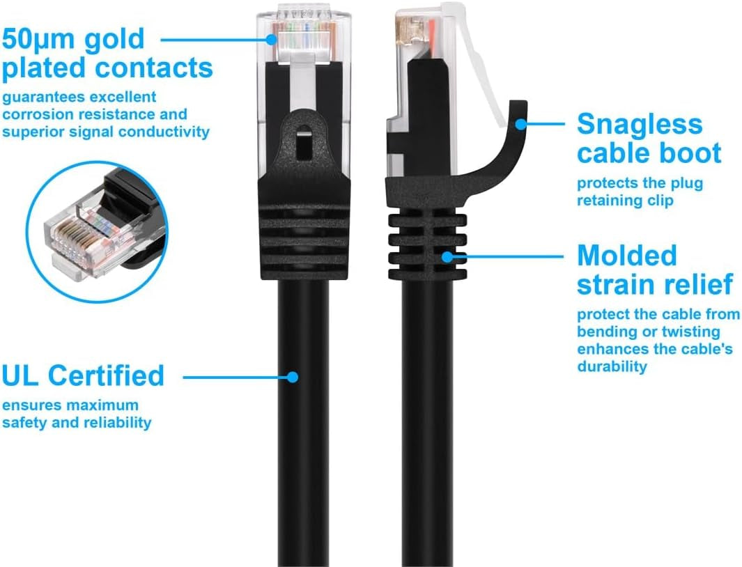 Cat5E Ethernet Patch Cable - Snagless RJ45, 24AWG Stranded Pure Bare Copper Wire, 350Mhz, UTP, 14 Feet, Black - Flexboot Series