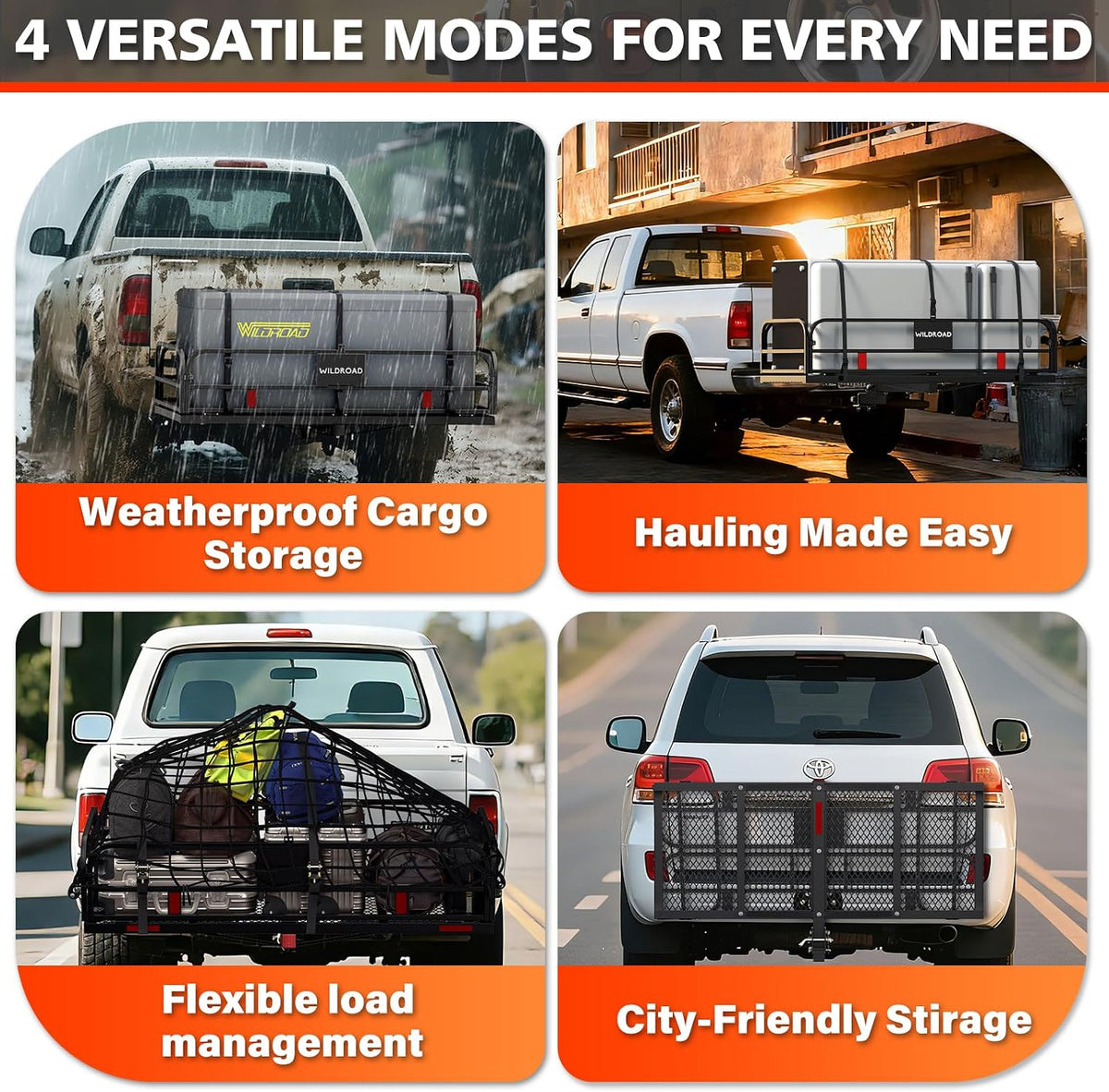 Wildroad 60"x24"x14" Hitch Cargo Carrier, Fits 2" Receiver - Cargo Bag Set 500-lb Load Capacity, Heavy-Duty Steel Construction, Waterproof Cargo Bag, 14" High Side Rails, Folding Cargo Basket