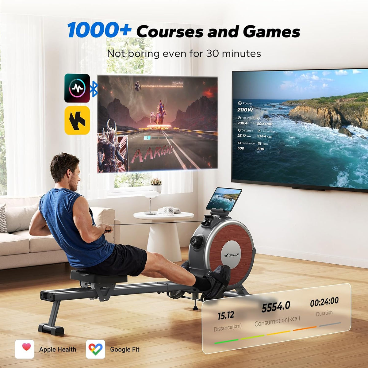 Merach Q1S Magnetic Rowing Machine Indoor, Dual Slide Rail, Quiet & Smooth 16 Levels Auto Electromagnetic Resistance, Max 350 lbs Capacity, 30-Min Assembly, Ergonomic Seat, Multi-App Support