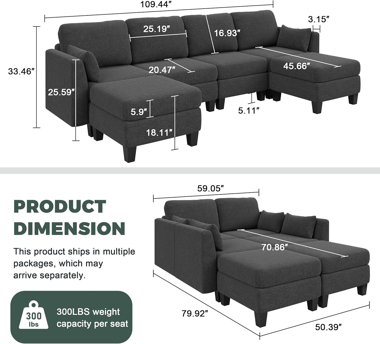 Modular Sectional Sofa 6 Seaters Modular Sleeper Sofa Couch Comfy Sectionals Couches Bed, Convertible Sofas with Ottomans, Sectional Couches for Living Room, Dark Gray
