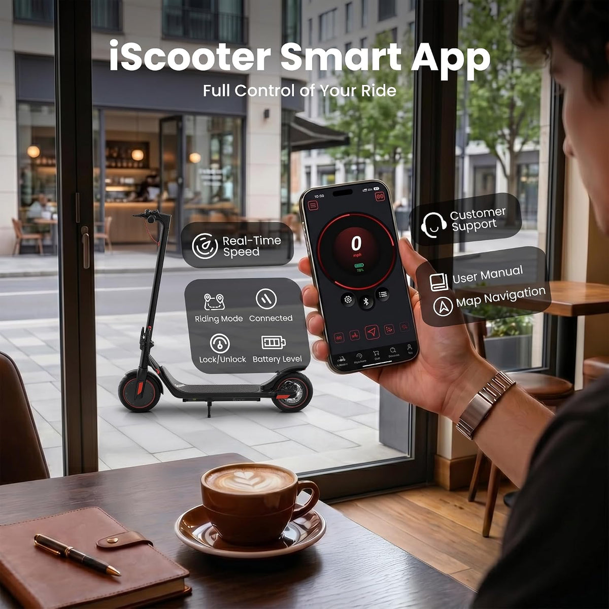 iScooter Electric Scooter for Adults, Foldable E-Scooter for Commuting Cruise control, Smart App, dual braking, LED lights, and easy folding for daily commuting, campus travel and city rides
