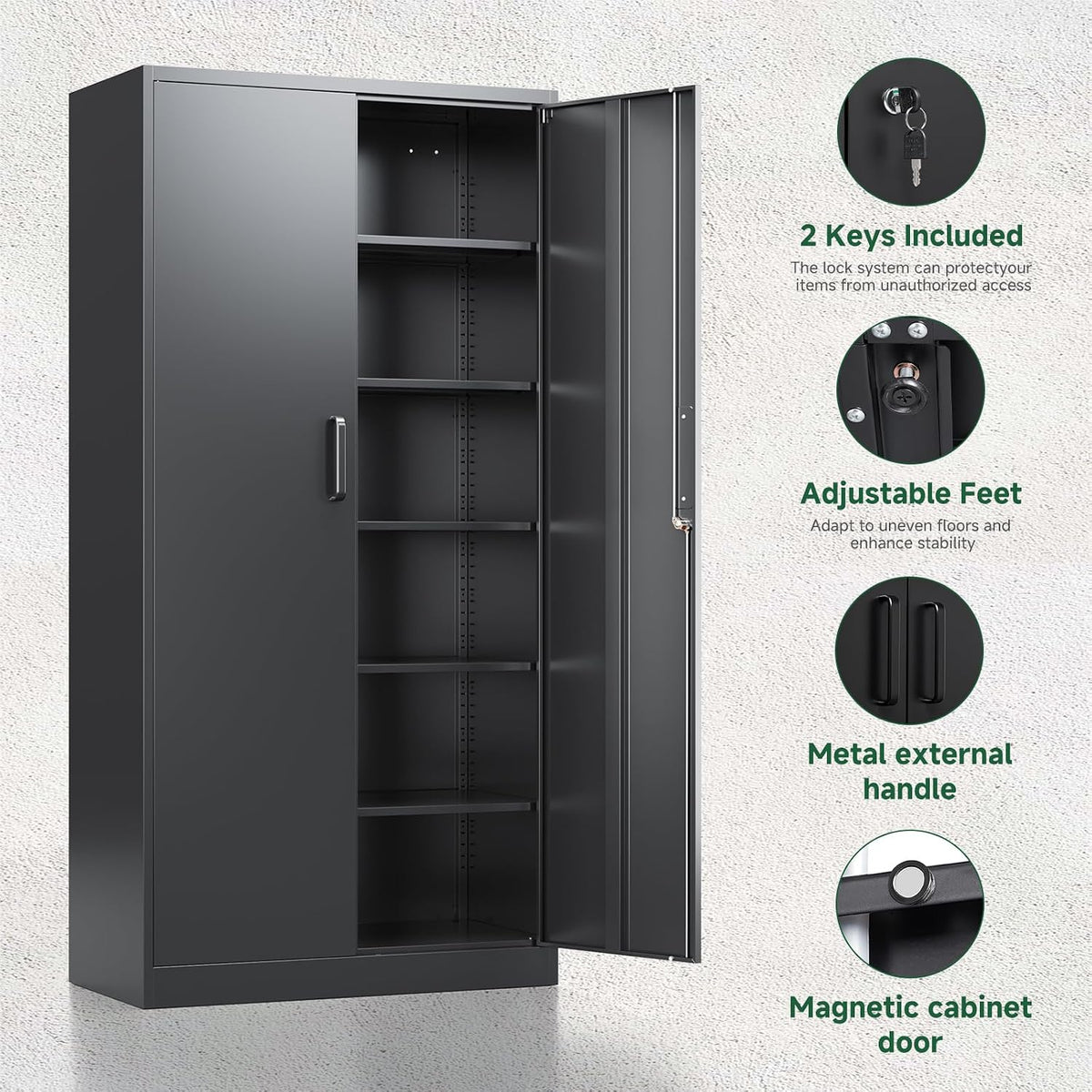 Metal Garage Storage Cabinets with Lock-72 Tall Tool Organizer Steel Lockers, 5 Adjustable Layers Shelves for Home,Office,Warehouse,Garage,(Black-72“)