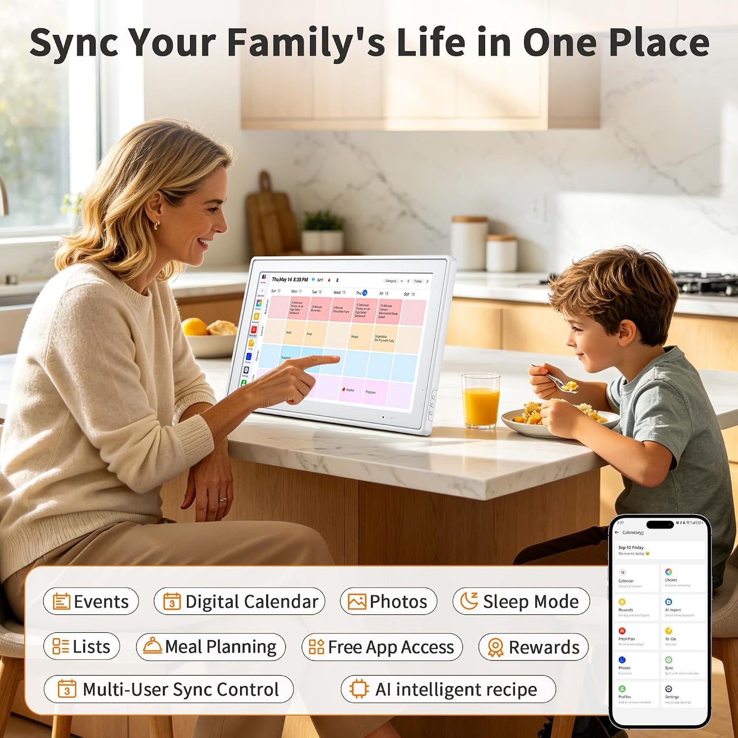 15.6 Inch Digital Calendar, Smart Touchscreen Wall Calendar Planner with Chore Chart, Electronic To-Do List, 32GB Meal Planner & Family Organizer Schedule Board, Photo Frame