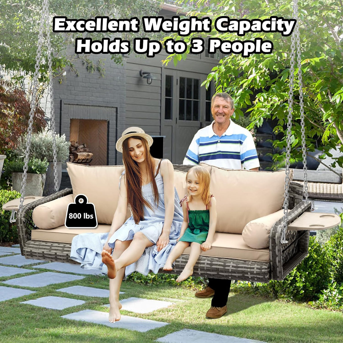 3-Seats Wicker Hanging Porch Swing, Outdoor Patio Swing Chair with Cushions Rattan Bench Swing Lounge with Armrest Cushions, Cupholders, Heavy Duty Chains 800LBS for Garden, Balcony, Living Room