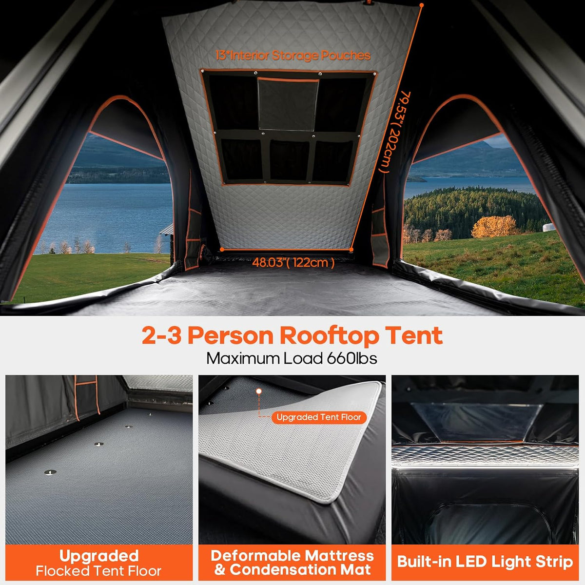 Adventurer Pro Rooftop Tent Hard Shell, 2-3 Person Aluminum Roof Top Tent Detachable Side Awning&Built-in LED Light Strip, Compatible with Truck Jeep SUV Van&Trailer, Pop Up for 4-Season Camping
