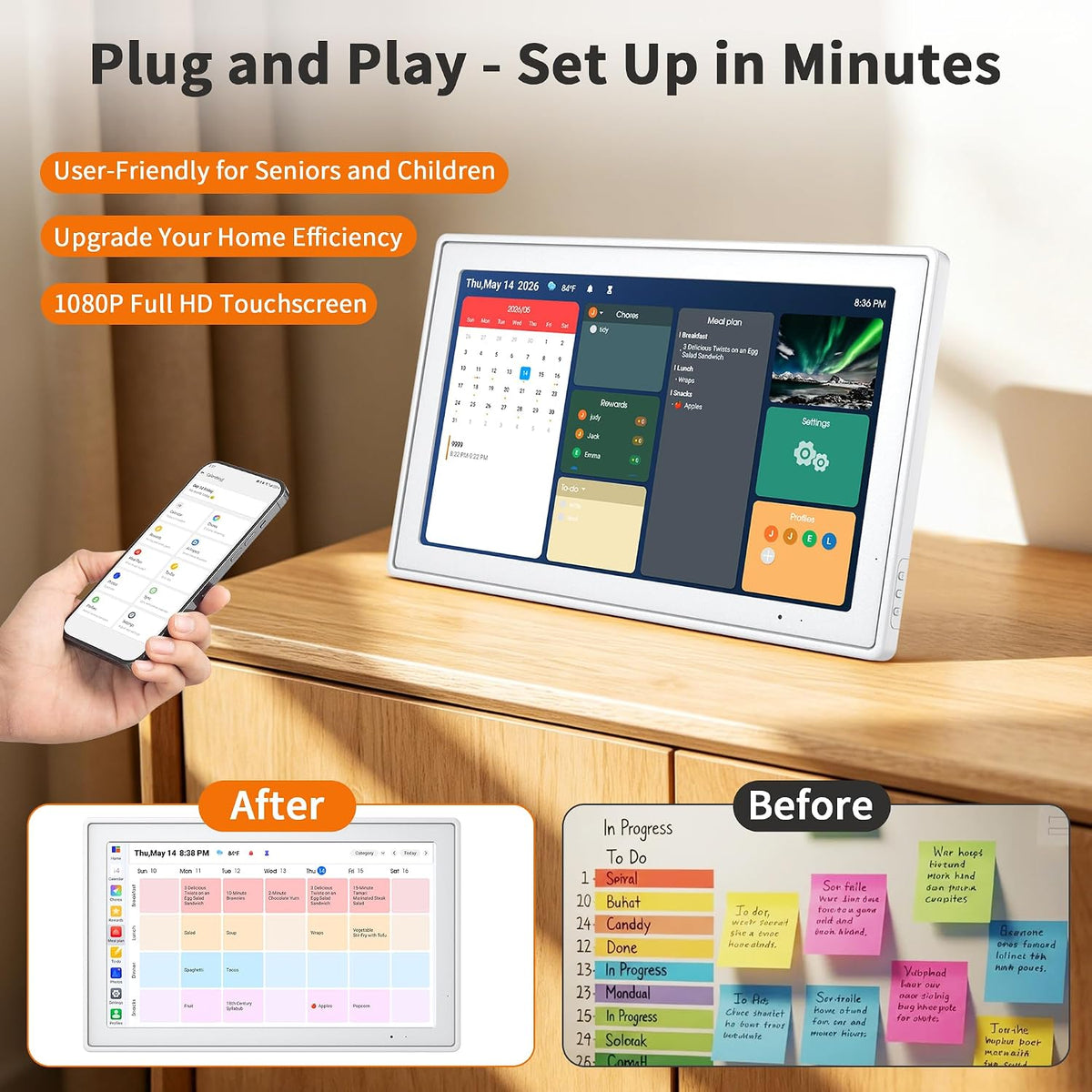 15.6 Inch Digital Calendar, Smart Touchscreen Wall Calendar Planner with Chore Chart, Electronic To-Do List, 32GB Meal Planner & Family Organizer Schedule Board, Photo Frame