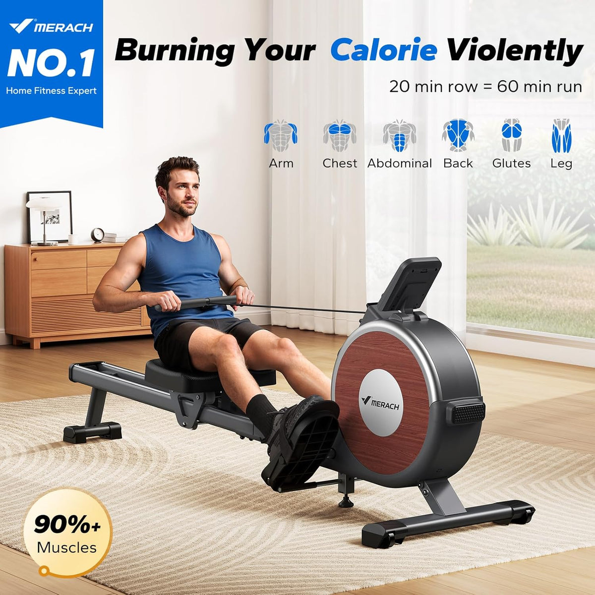 Merach Q1S Magnetic Rowing Machine Indoor, Dual Slide Rail, Quiet & Smooth 16 Levels Auto Electromagnetic Resistance, Max 350 lbs Capacity, 30-Min Assembly, Ergonomic Seat, Multi-App Support