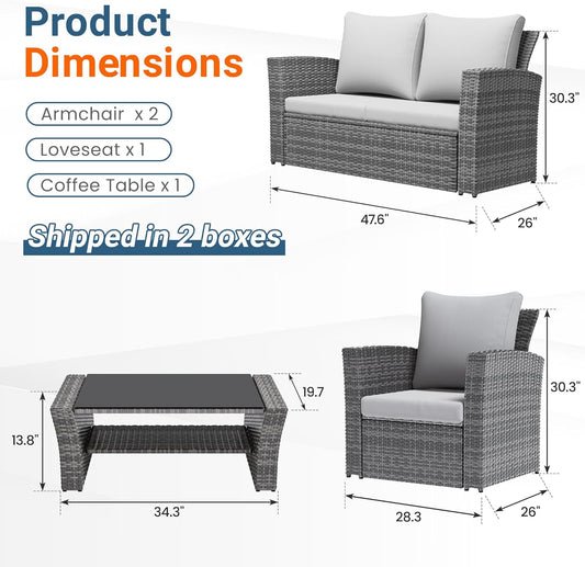 Wisteria Lane 4 Piece Patio Furniture Set, Wicker Outdoor Patio Conversation Furniture Set, All Weather Outdoor Patio Sofa with Cushion and Glass Table, Ash Gray