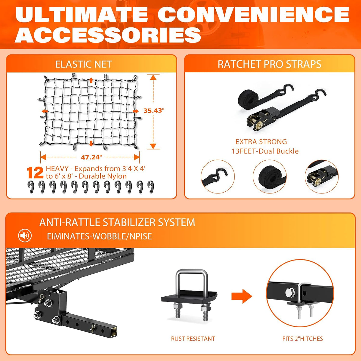 Wildroad 60"x24"x14" Hitch Cargo Carrier, Fits 2" Receiver - Cargo Bag Set 500-lb Load Capacity, Heavy-Duty Steel Construction, Waterproof Cargo Bag, 14" High Side Rails, Folding Cargo Basket