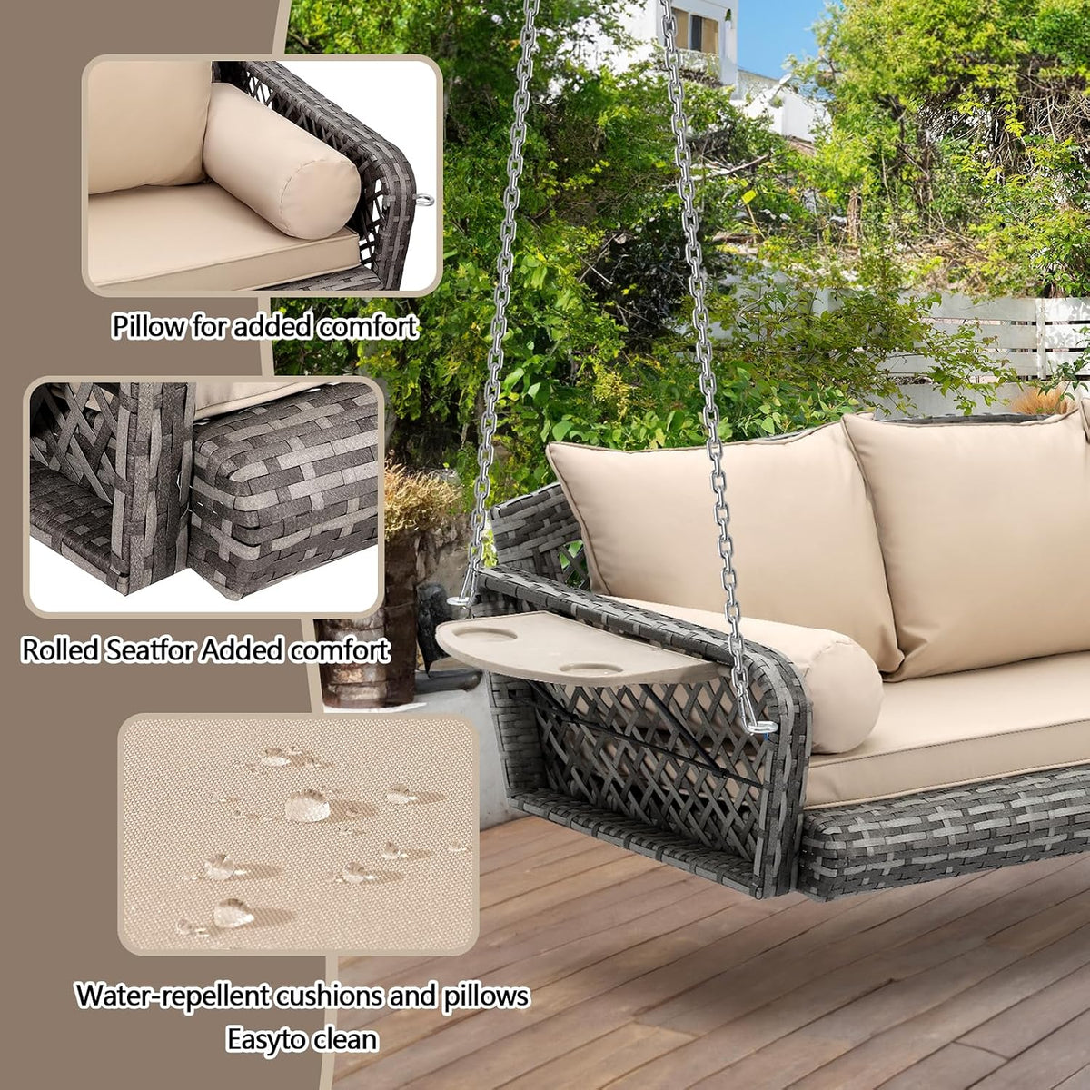 3-Seats Wicker Hanging Porch Swing, Outdoor Patio Swing Chair with Cushions Rattan Bench Swing Lounge with Armrest Cushions, Cupholders, Heavy Duty Chains 800LBS for Garden, Balcony, Living Room