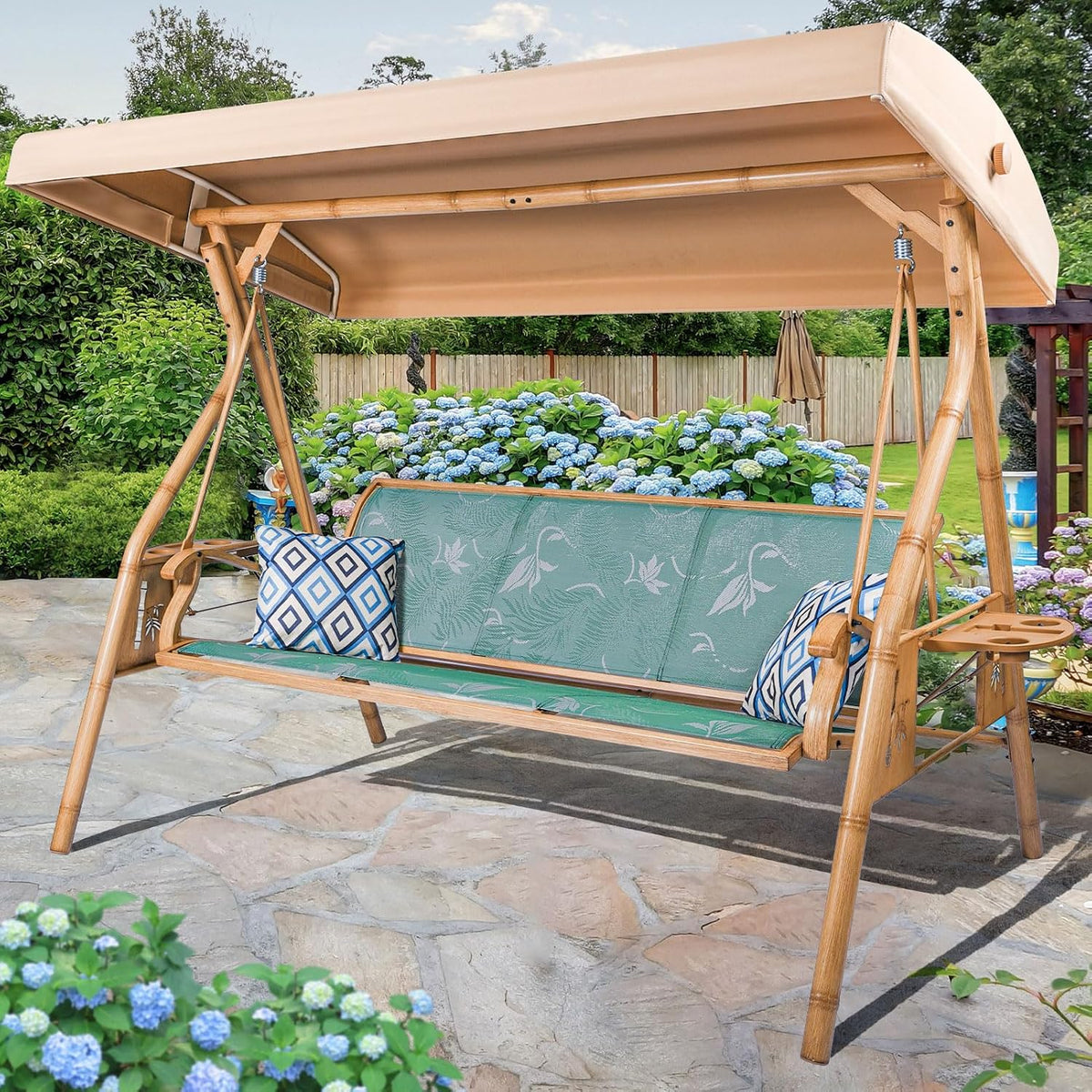 3 Person Patio Swing Outdoor Swing for Adults with Adjustable Canopy &Upgraded Cup Holders Textilene Fabric Porch Swing Chair with Stand Heavy Duty 800 LBS