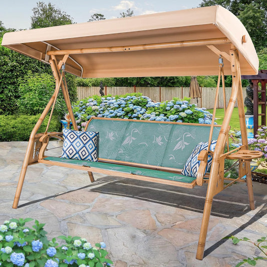 3 Person Patio Swing Outdoor Swing for Adults with Adjustable Canopy &Upgraded Cup Holders Textilene Fabric Porch Swing Chair with Stand Heavy Duty 800 LBS