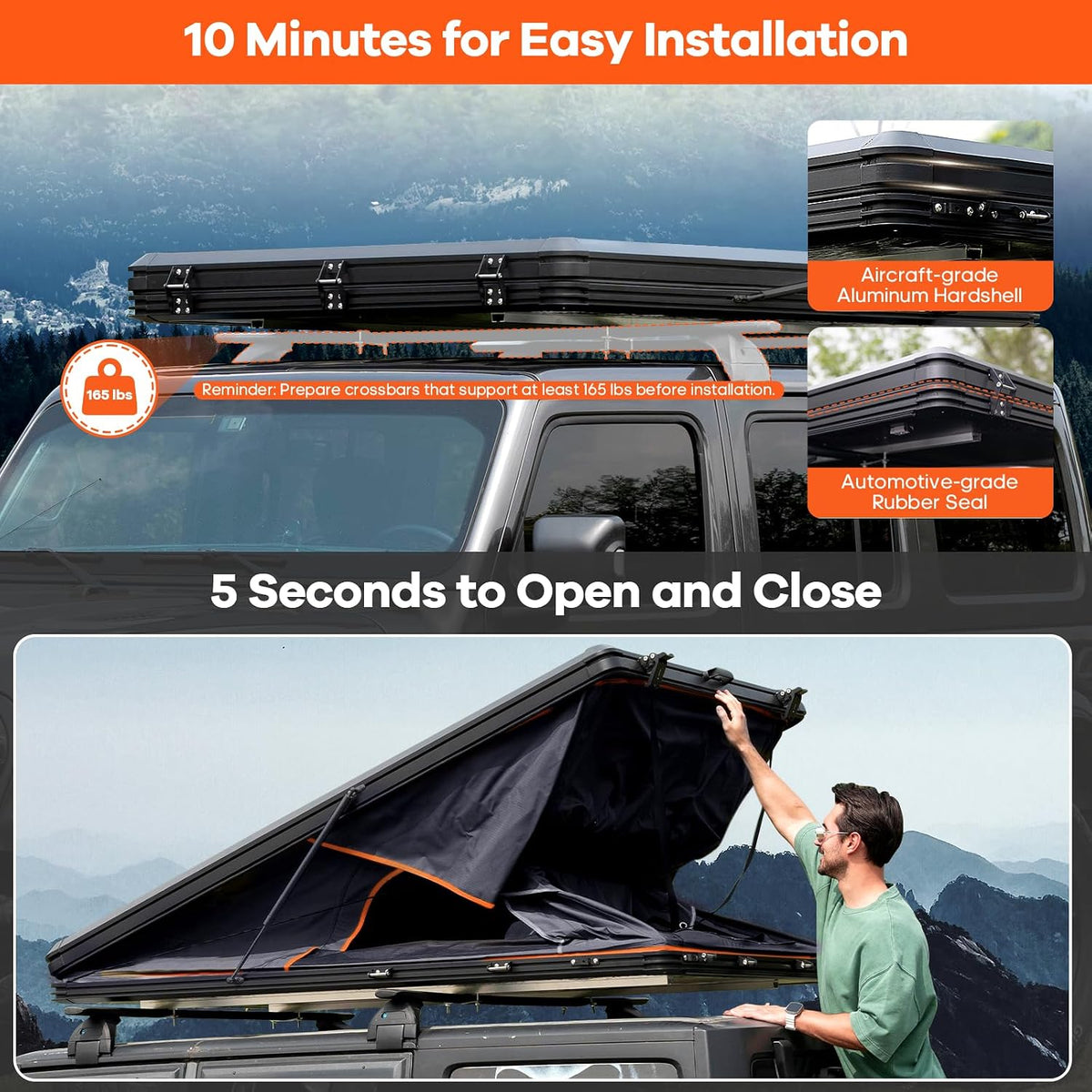 Adventurer Pro Rooftop Tent Hard Shell, 2-3 Person Aluminum Roof Top Tent Detachable Side Awning&Built-in LED Light Strip, Compatible with Truck Jeep SUV Van&Trailer, Pop Up for 4-Season Camping