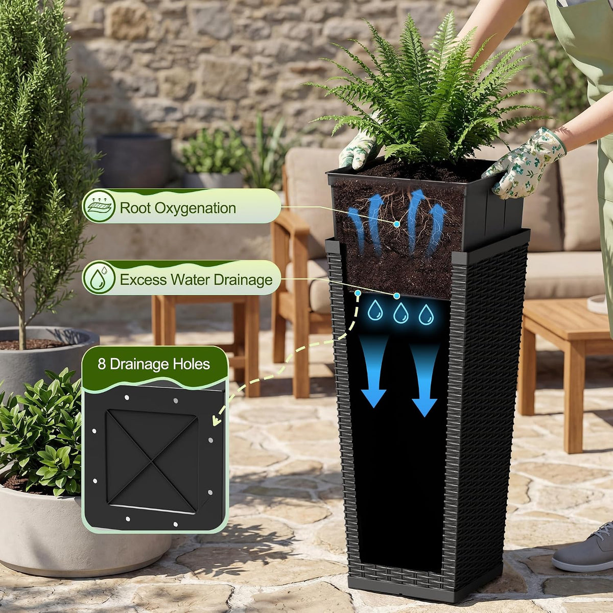 Devoko Resin 24'' Tall Planters, Large Taper Outdoor Planter Flower Pots Set of 2 with 8 Drainage Holes for Outdoor Plants, Modern Decor for Porch, Patio, Backyard, Home Garden