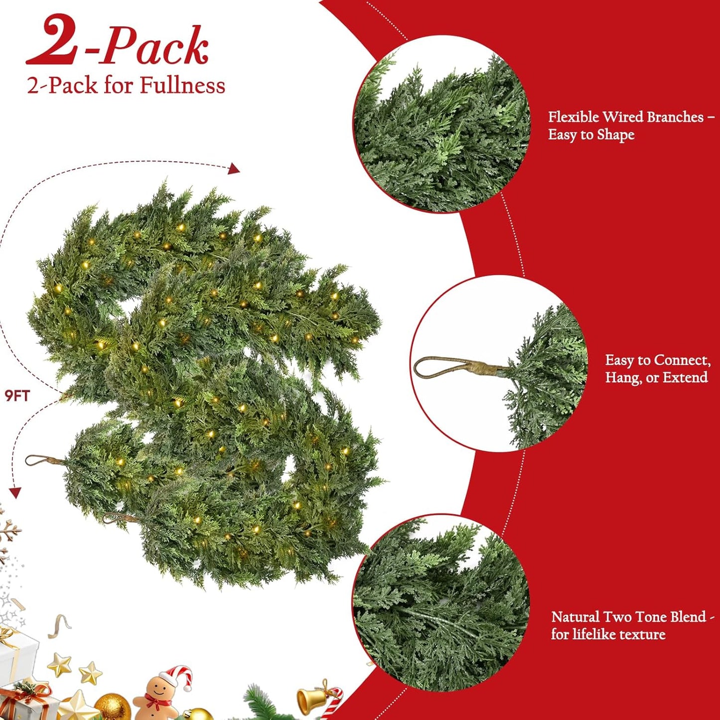 2 PC 9 FT Pre-Lit Christmas Cedar Garland