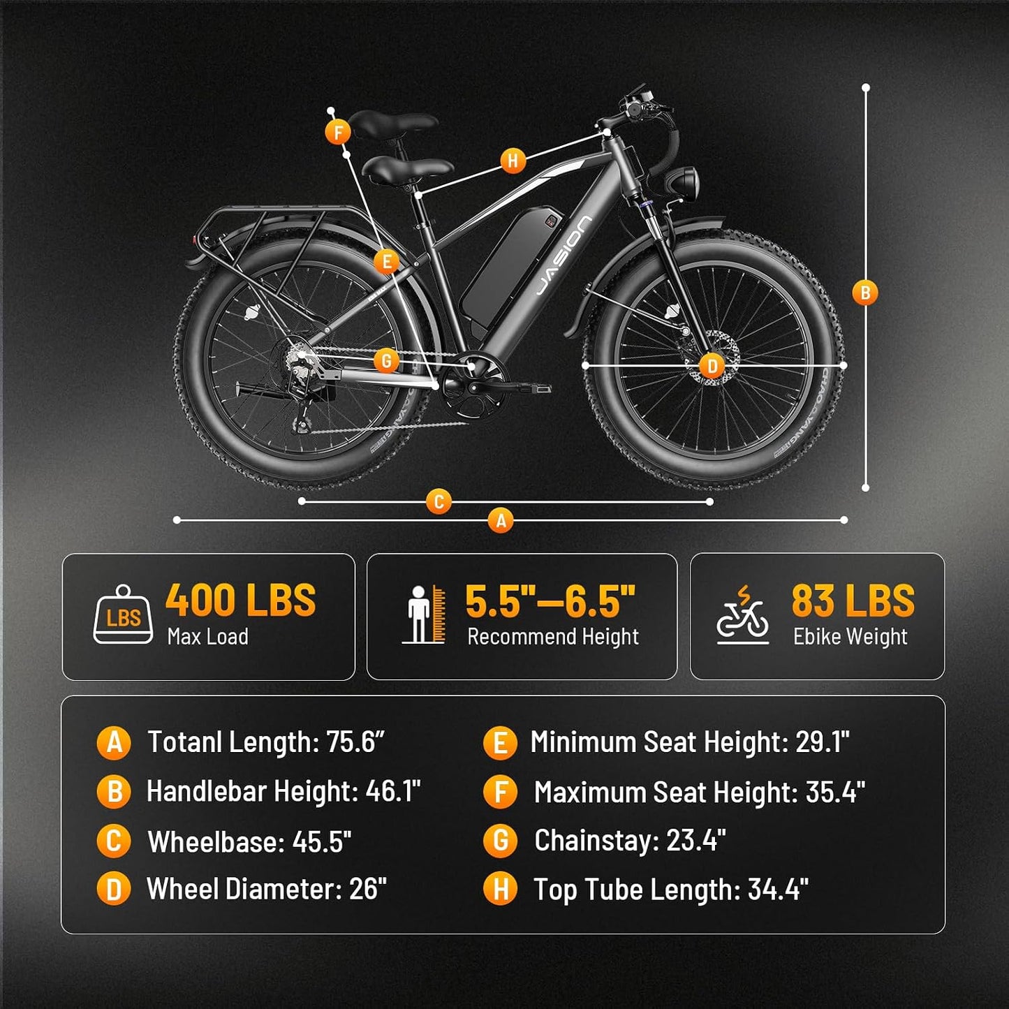 Jasion EB5 MAX Electric Bike for Adults 2000W Peak Motor, 48V 15Ah Battery 720Wh Battery Electric Mountain Bike, 26'' x 4'' Fat Tire Ebike, 28+MPH Speed, Cruise Control, Fenders, Rear Rack