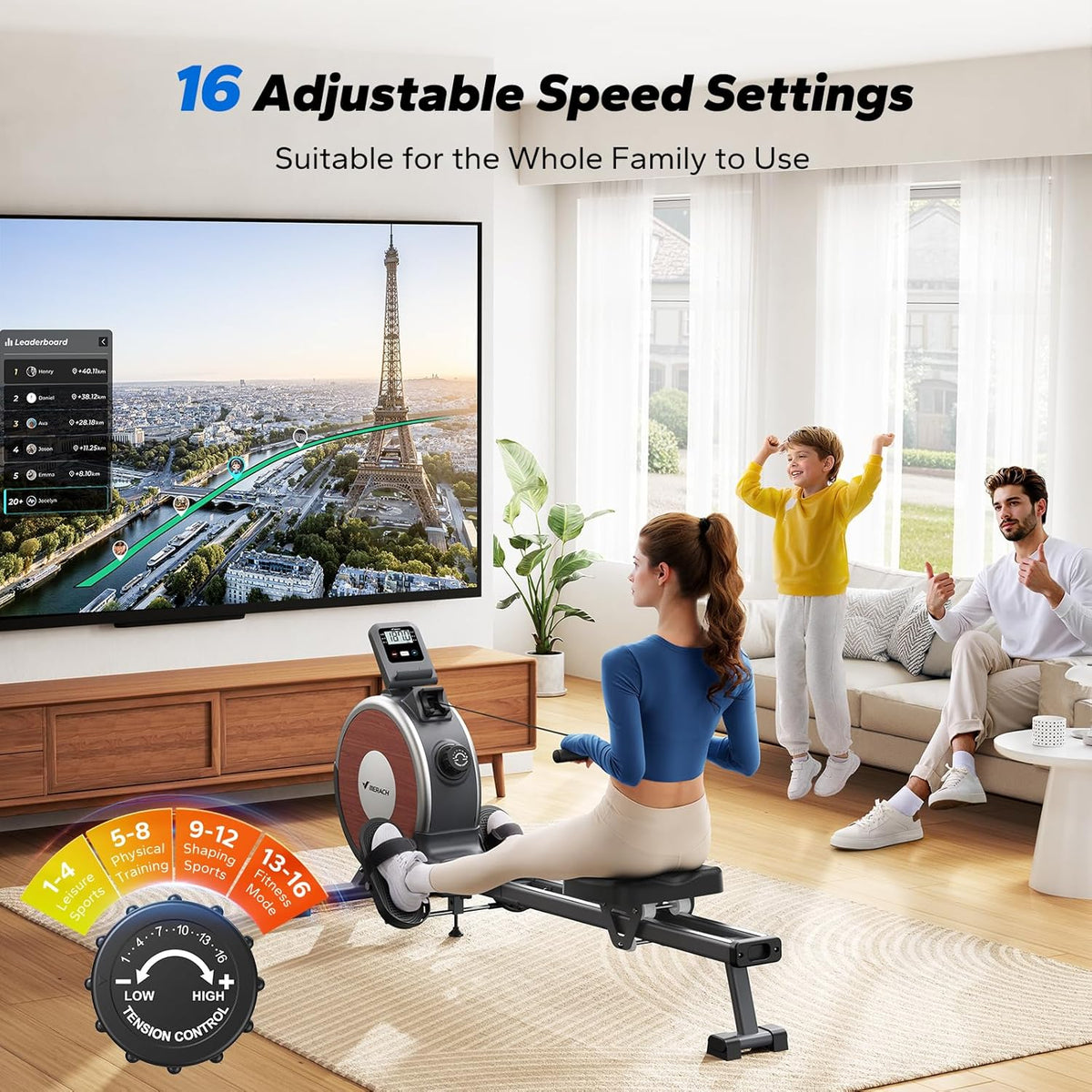 Merach Q1S Magnetic Rowing Machine Indoor, Dual Slide Rail, Quiet & Smooth 16 Levels Auto Electromagnetic Resistance, Max 350 lbs Capacity, 30-Min Assembly, Ergonomic Seat, Multi-App Support