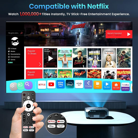 Official Licensed Netflix Smart Projector, Projector 4K with Wifi and Bluetooth, Doiby Audio, Built-In Apps, Native 1080P 1000ANSI, Electric Focus, Portable Projector for Home Cinema, Bedroom