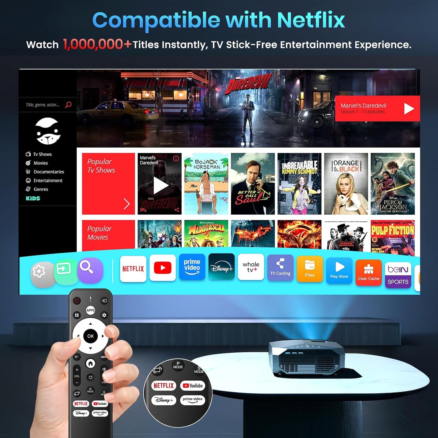 Official Licensed Netflix Smart Projector,  Projector 4K with Wifi and Bluetooth, Doiby Audio, Built-In Apps, Native 1080P 1000ANSI, Electric Focus, Portable Projector for Home Cinema, Bedroom