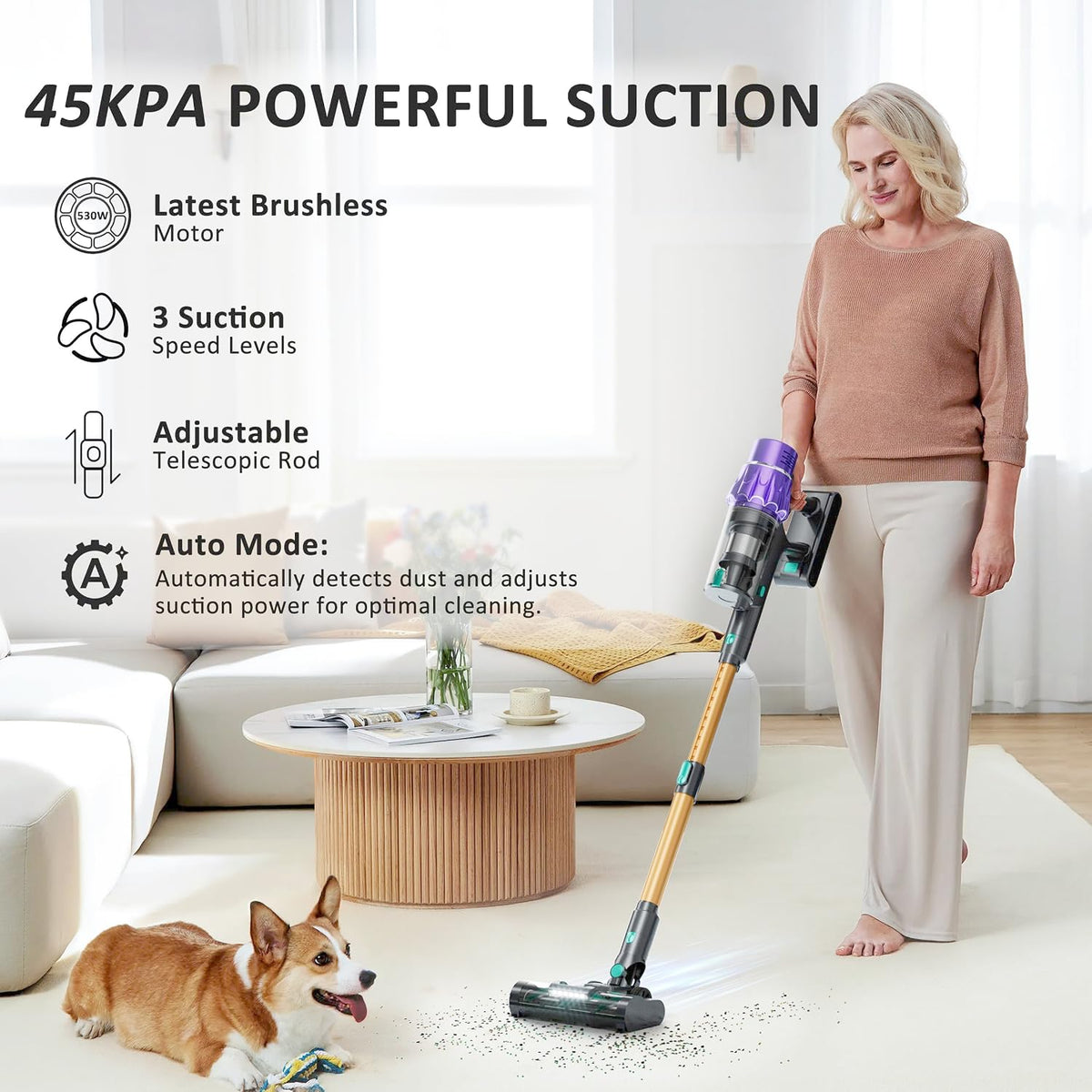 Cordless Vacuum Cleaner, 560W/50KPA/70Mins Vacuum Cleaners for Home with Auto Dust Detection/LED Touch Display, Stick Vacuum Cordless Rechargeable, Pet Vacuum for Pet Hair,Hardwood Floor,Carpet