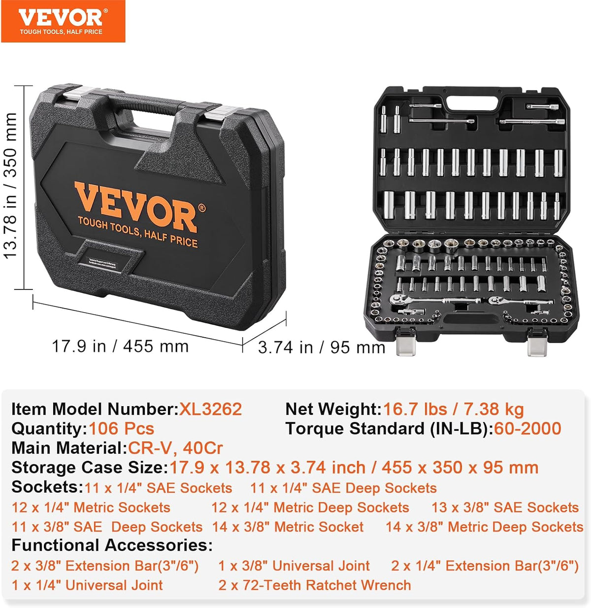 VEVOR Socket Set, 1/4" and 3/8" Drive Socket and Ratchet Set, 6-Point Socket Opening, 106 Pcs Tool Set SAE and Metric, Deep and Standard Sockets, 5/32-1 in, 5-19 mm, with Accessories, Storage Case
