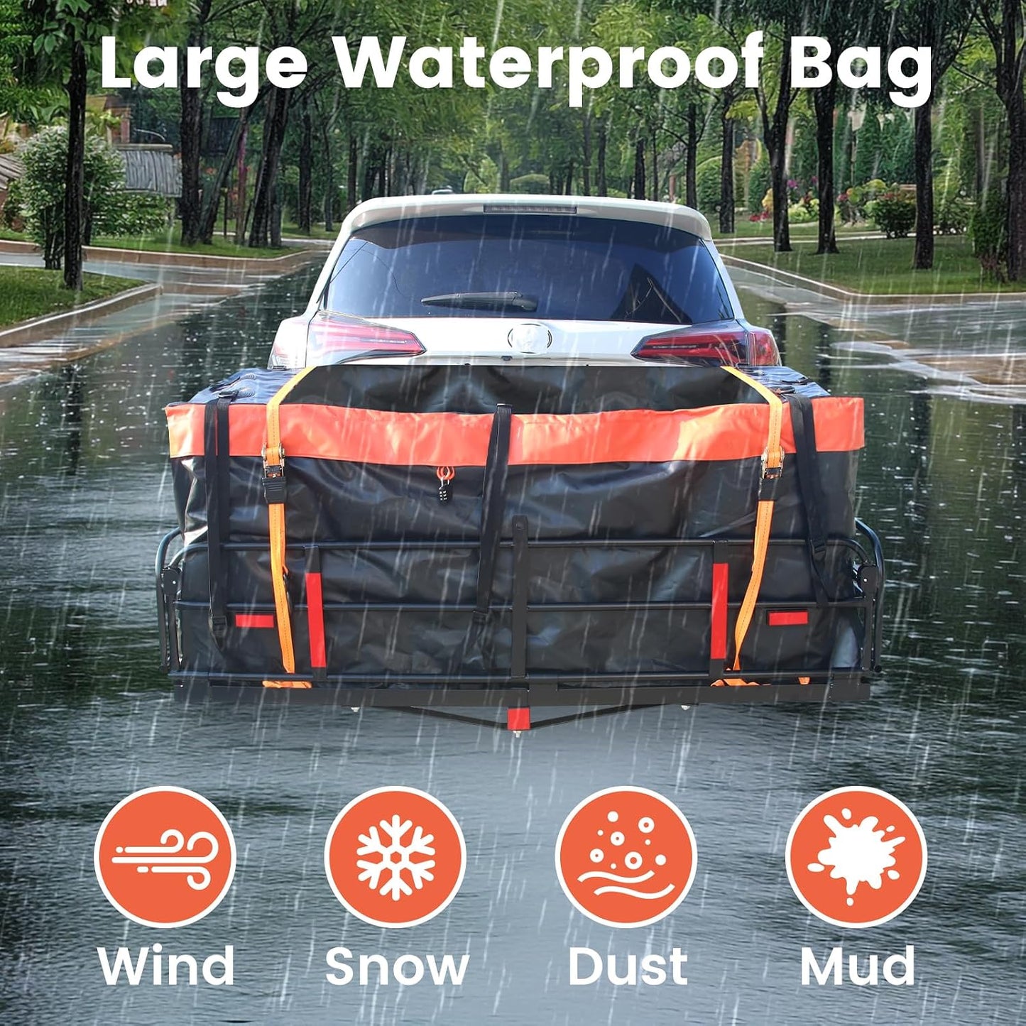 Hitch Cargo Carrier 60"x24"x14.4", 510 lbs Capacity Folding Rear Luggage Rack Fits 2" Receiver on Car SUV Pickup, Hitch Rack with Stablizer, Waterproof Bag, Net, Ratchet Straps, Straps Lock