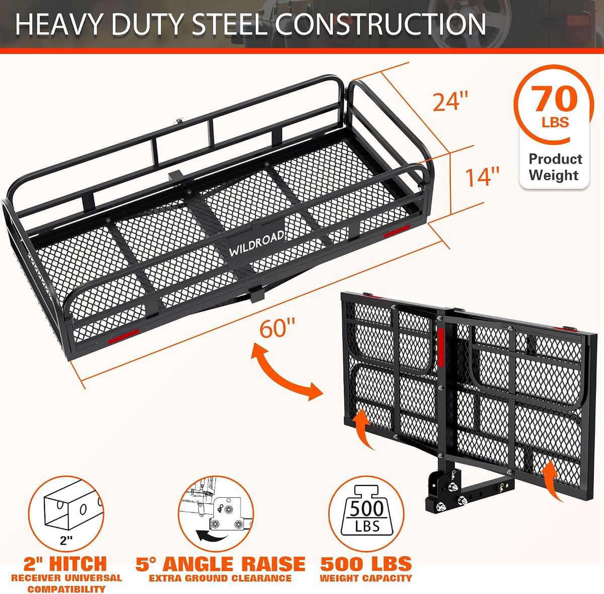 Wildroad 60"x24"x14" Hitch Cargo Carrier, Fits 2" Receiver - Cargo Bag Set 500-lb Load Capacity, Heavy-Duty Steel Construction, Waterproof Cargo Bag, 14" High Side Rails, Folding Cargo Basket