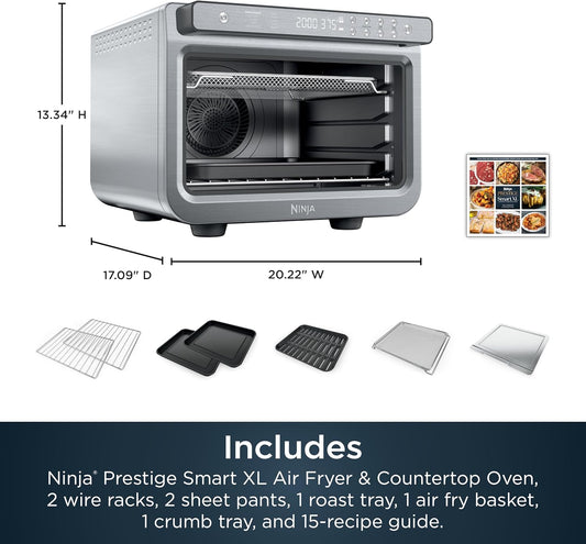 Ninja Air Fryer & Toaster Oven | Prestige Smart XL Countertop Oven | Bakes up to 20 Cookies, Fits up to a 12lb Turkey | Pizza, Toast, Bake, Air Fry & Reheat | 1800 Watts | Stainless Steel
