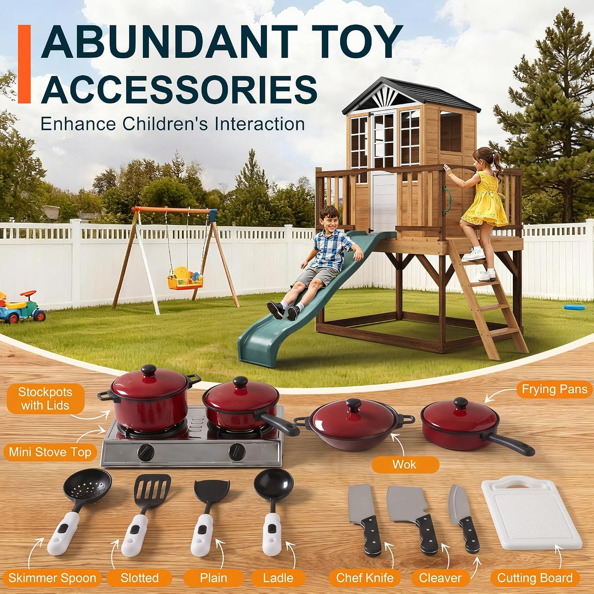 Elevated Outdoor Kids Playhouse, Fir Wood Playset with Wave Slide, Play Kitchen, Wrap-Around Deck, Flat-Step Ladder, Windows, Picnic Table, and Growth Chart for Ages 3-8, Natural Tone