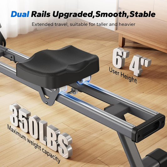 Merach Q1S Magnetic Rowing Machine Indoor, Dual Slide Rail, Quiet & Smooth 16 Levels Auto Electromagnetic Resistance, Max 350 lbs Capacity, 30-Min Assembly, Ergonomic Seat, Multi-App Support