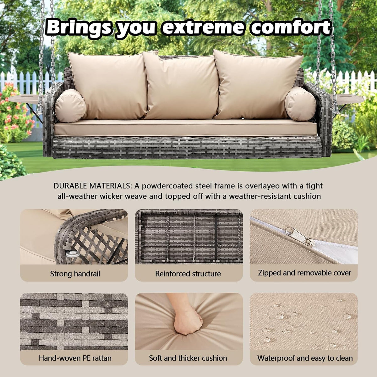 3-Seats Wicker Hanging Porch Swing, Outdoor Patio Swing Chair with Cushions Rattan Bench Swing Lounge with Armrest Cushions, Cupholders, Heavy Duty Chains 800LBS for Garden, Balcony, Living Room