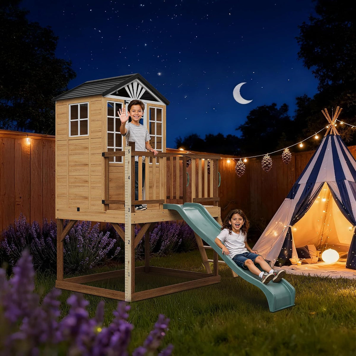 Elevated Outdoor Kids Playhouse, Fir Wood Playset with Wave Slide, Play Kitchen, Wrap-Around Deck, Flat-Step Ladder, Windows, Picnic Table, and Growth Chart for Ages 3-8, Natural Tone
