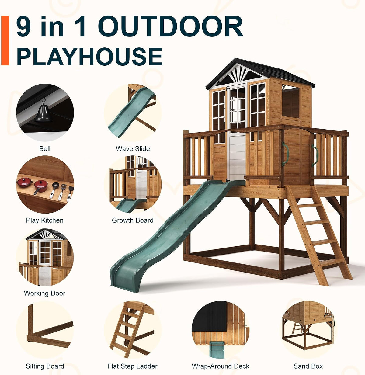 Elevated Outdoor Kids Playhouse, Fir Wood Playset with Wave Slide, Play Kitchen, Wrap-Around Deck, Flat-Step Ladder, Windows, Picnic Table, and Growth Chart for Ages 3-8, Natural Tone