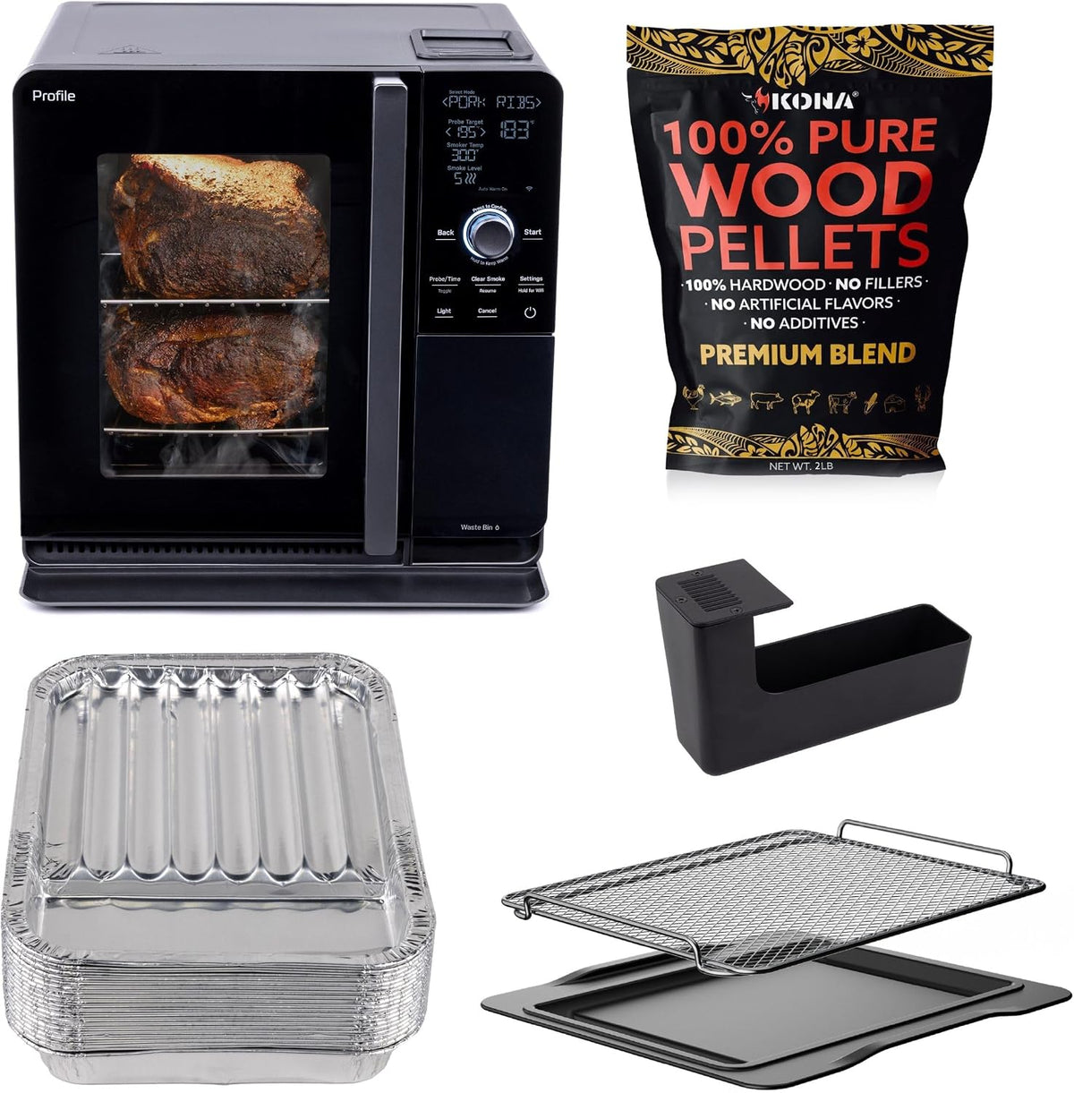 Smart Indoor Pellet Smoker + Accessories Bundle, Includes Four 1lb Bag, Strainer, 20-pack of Drip Pan Liners, and Prep Tray, Stainless Steel, Carbon Black
