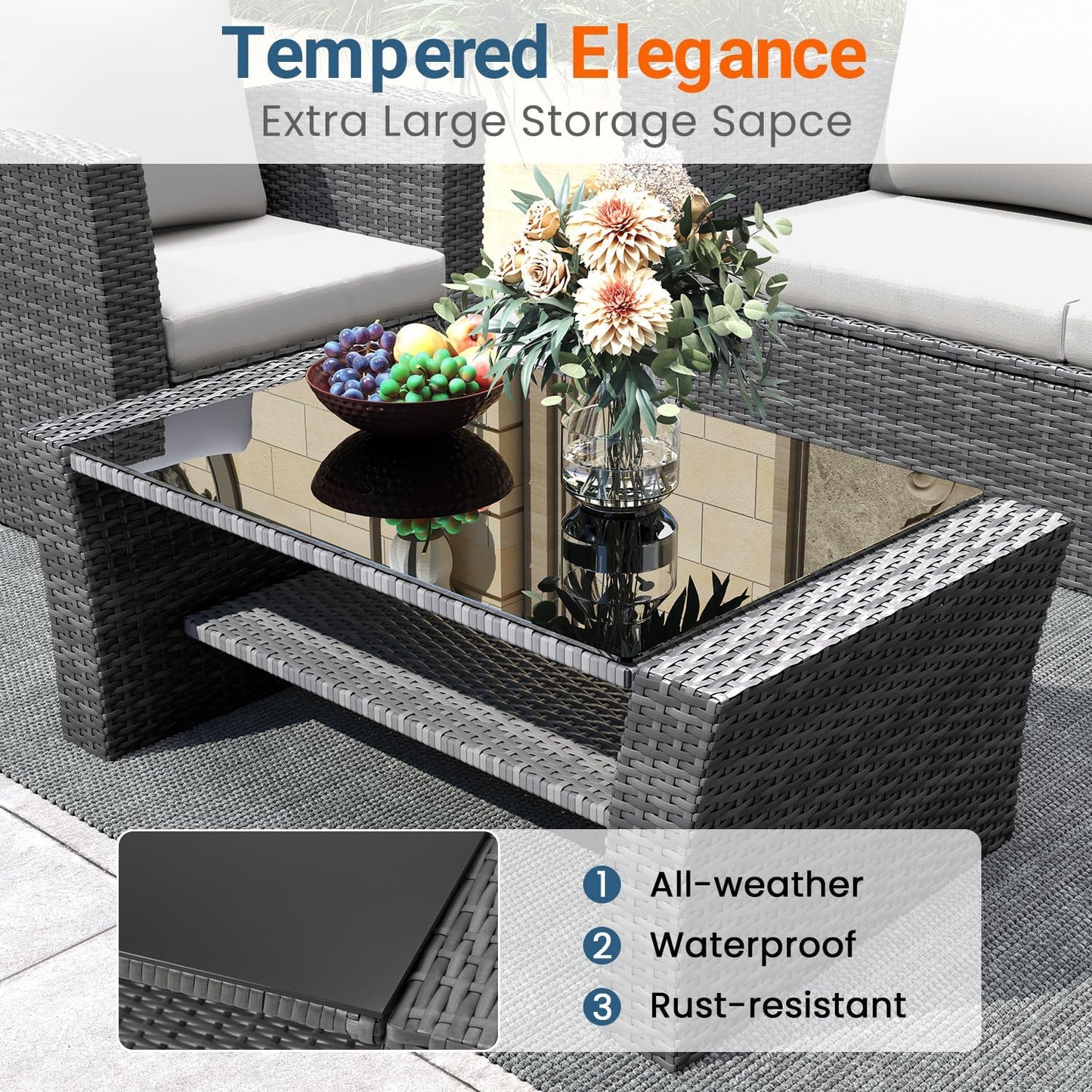 Wisteria Lane 4 Piece Patio Furniture Set, Wicker Outdoor Patio Conversation Furniture Set, All Weather Outdoor Patio Sofa with Cushion and Glass Table, Ash Gray