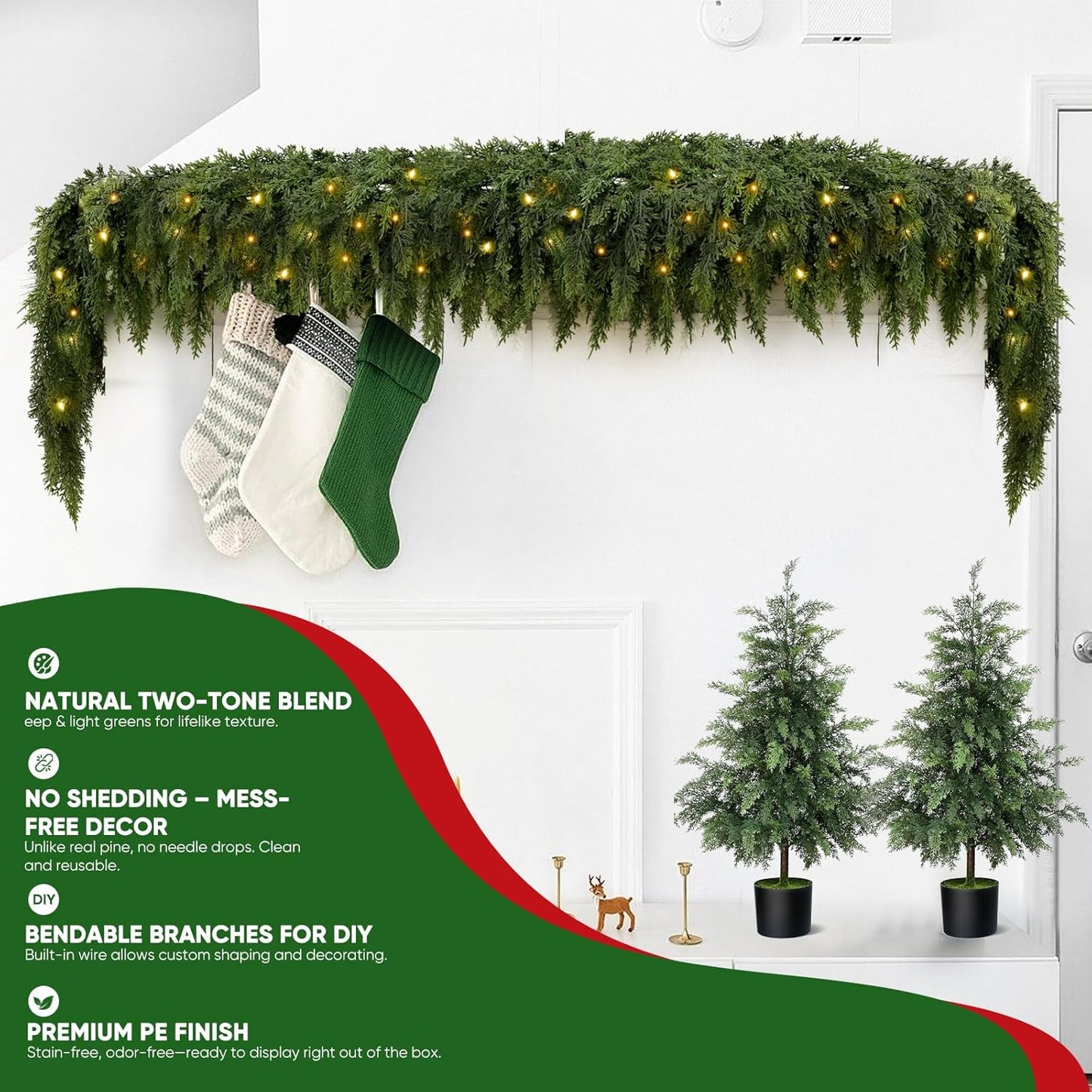 2 PC 9 FT Pre-Lit Christmas Cedar Garland