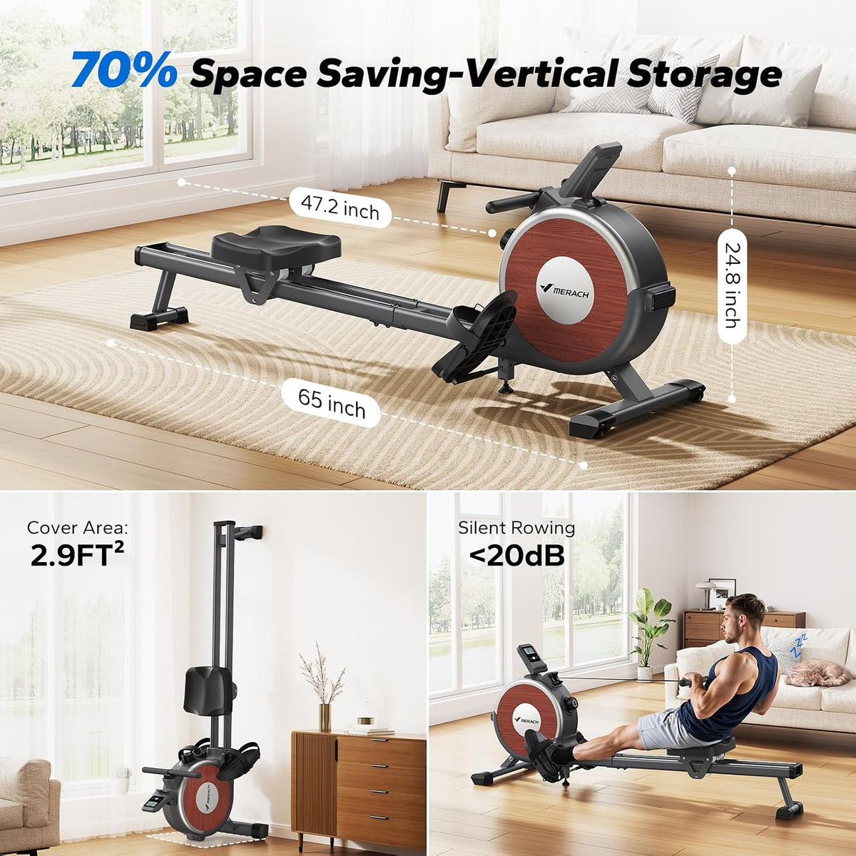 Merach Q1S Magnetic Rowing Machine Indoor, Dual Slide Rail, Quiet & Smooth 16 Levels Auto Electromagnetic Resistance, Max 350 lbs Capacity, 30-Min Assembly, Ergonomic Seat, Multi-App Support