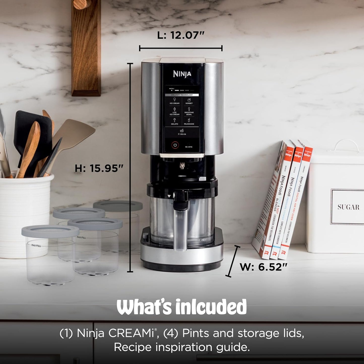 Ninja CREAMi | Ice Cream Maker Bundle | Includes (4)16 oz. Tubs for Gelato, Mix-ins, Milkshakes, Sorbet, Smoothie Bowls & More| 7 One-Touch Programs| Compact Size| Perfect for Kids | Silver