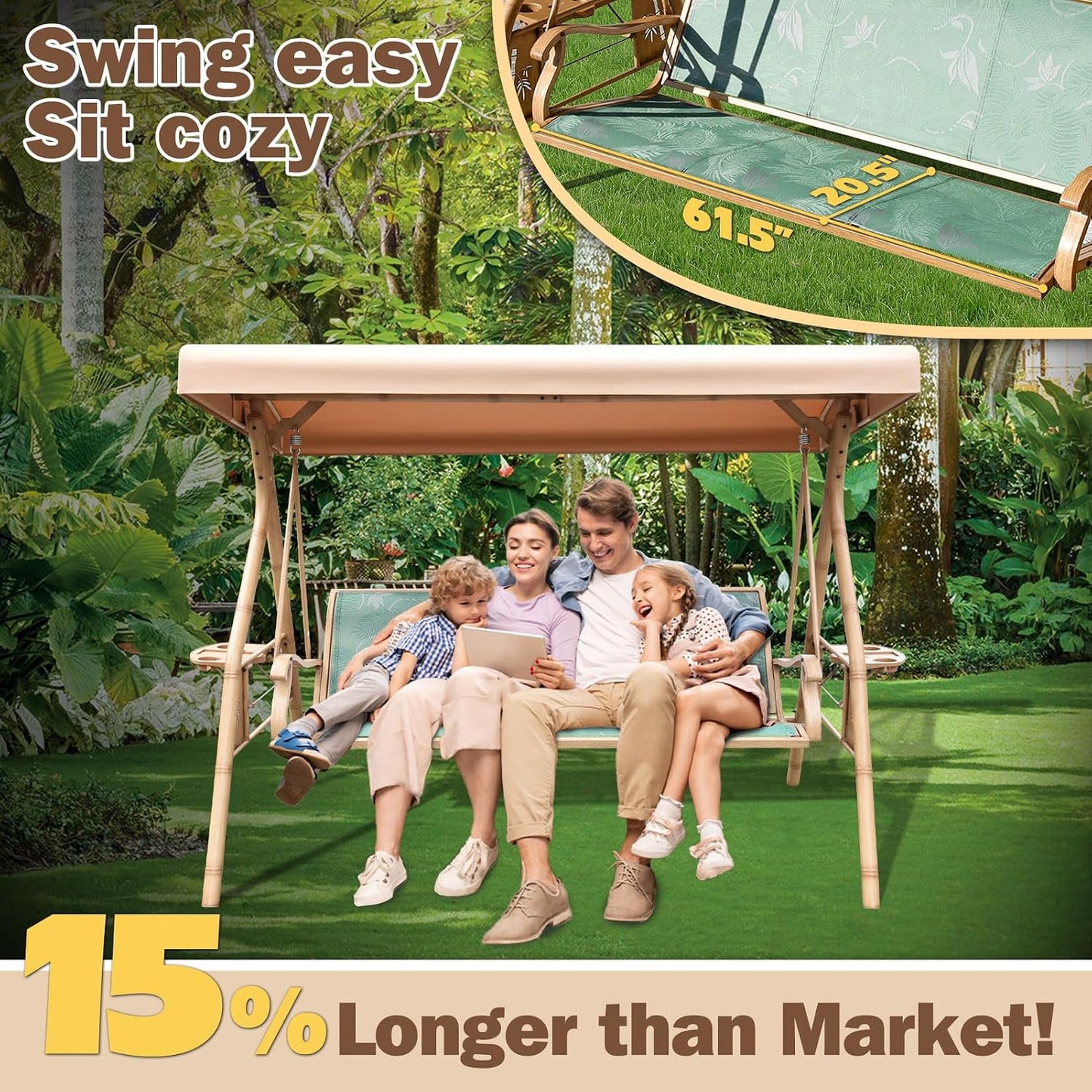 3 Person Patio Swing Outdoor Swing for Adults with Adjustable Canopy &Upgraded Cup Holders Textilene Fabric Porch Swing Chair with Stand Heavy Duty 800 LBS