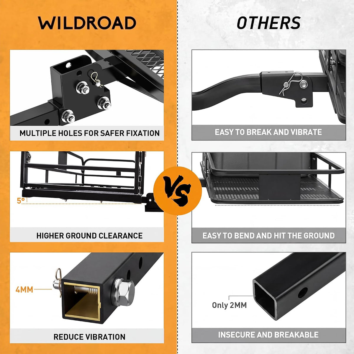 Wildroad 60"x24"x14" Hitch Cargo Carrier, Fits 2" Receiver - Cargo Bag Set 500-lb Load Capacity, Heavy-Duty Steel Construction, Waterproof Cargo Bag, 14" High Side Rails, Folding Cargo Basket