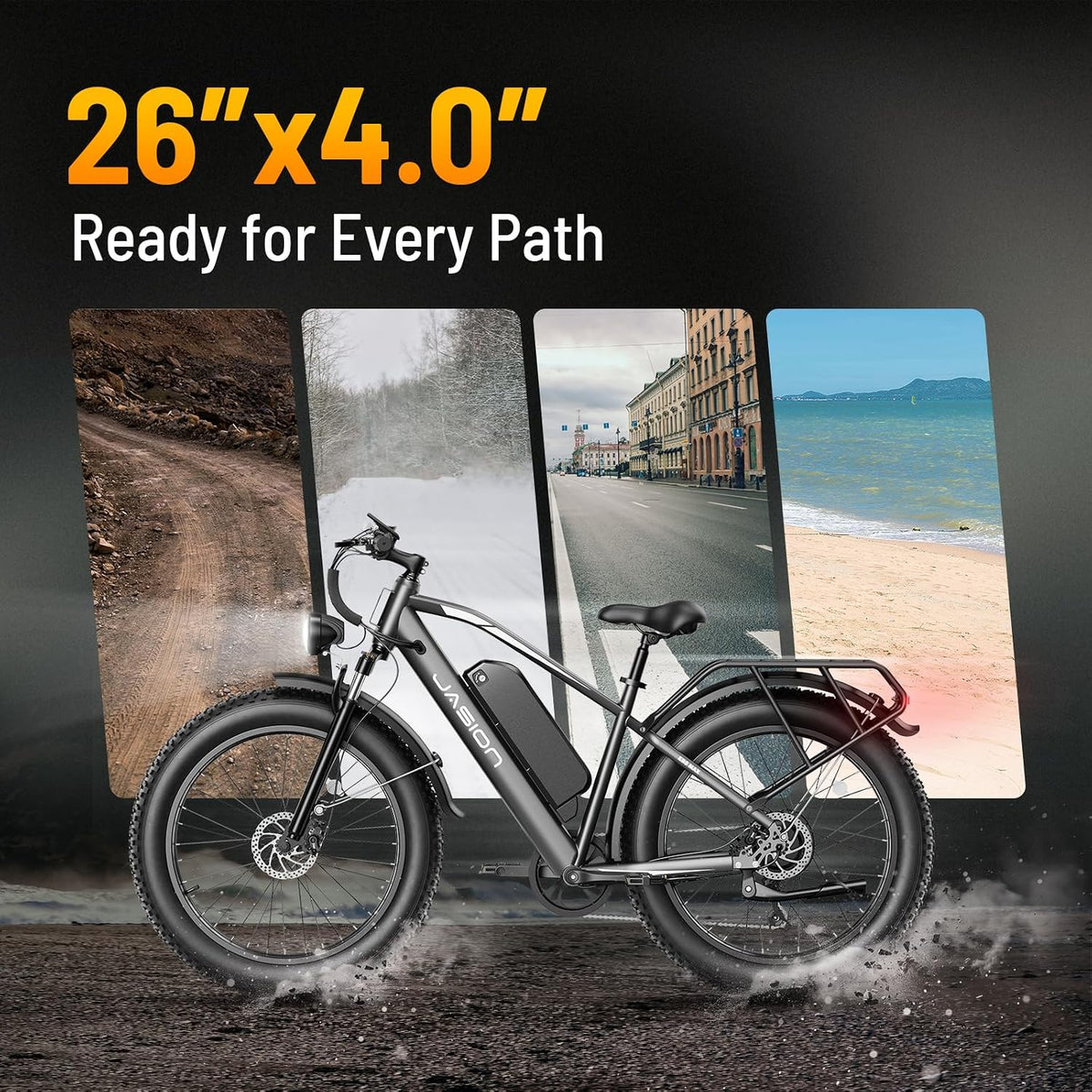 Jasion EB5 MAX Electric Bike for Adults 2000W Peak Motor, 48V 15Ah Battery 720Wh Battery Electric Mountain Bike, 26'' x 4'' Fat Tire Ebike, 28+MPH Speed, Cruise Control, Fenders, Rear Rack