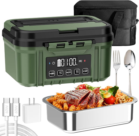Cordless Electric Lunch Box for Adults – Battery-Powered Heated Lunch Box with 1.2L Stainless Steel Container, Timer Function, and Leak-Proof Food Warmer for Work, Travel & Office