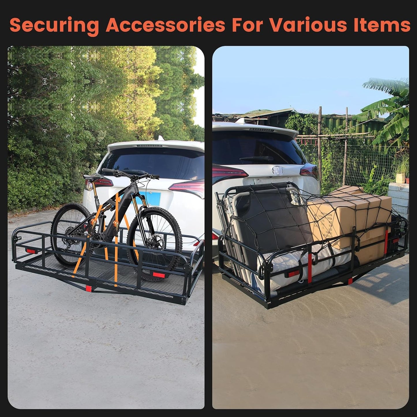 Hitch Cargo Carrier 60"x24"x14.4", 510 lbs Capacity Folding Rear Luggage Rack Fits 2" Receiver on Car SUV Pickup, Hitch Rack with Stablizer, Waterproof Bag, Net, Ratchet Straps, Straps Lock